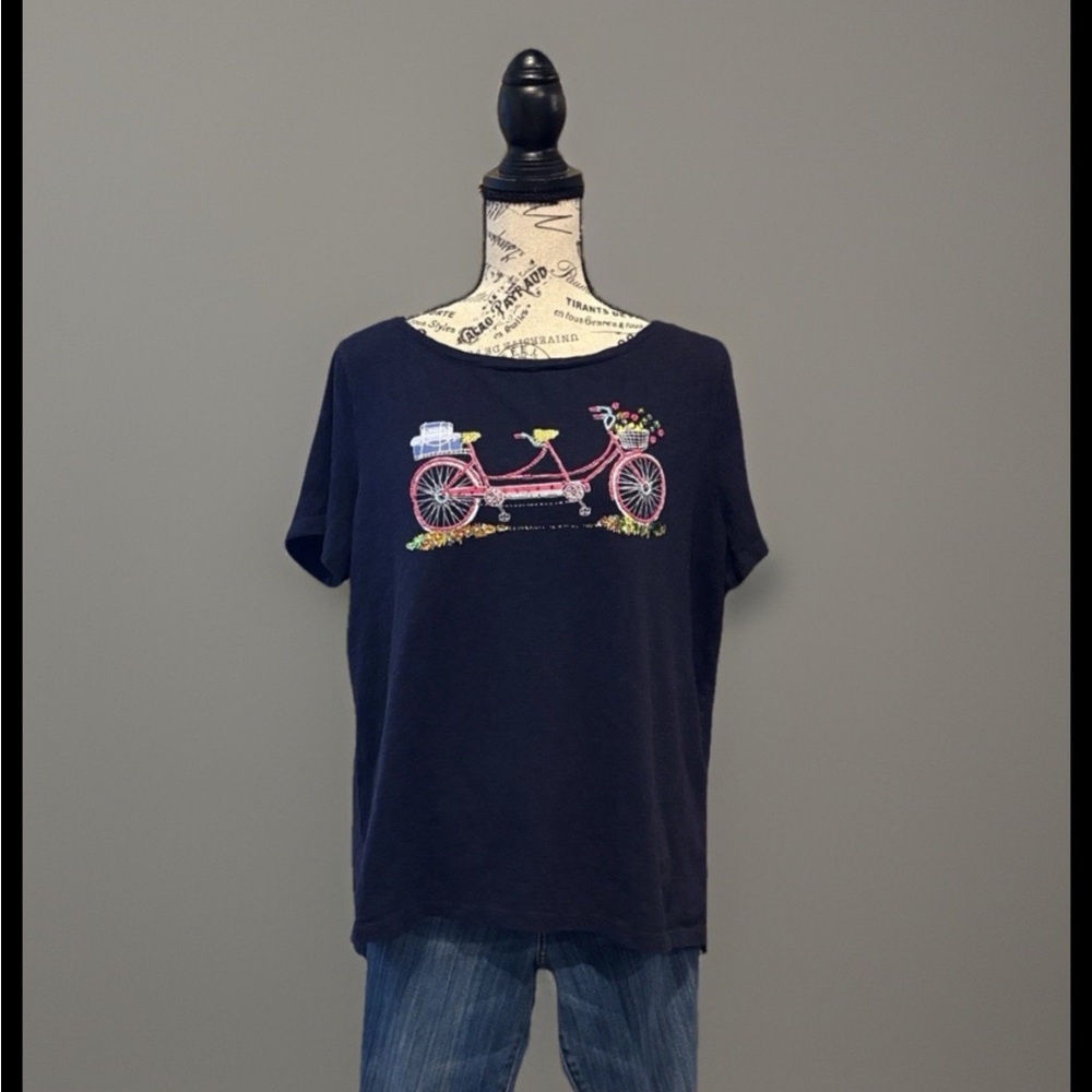 /Talbots T-Shirt Woman Short Sleeve Scoop Neck Blue Pink Beaded Bicycle Sz 1X